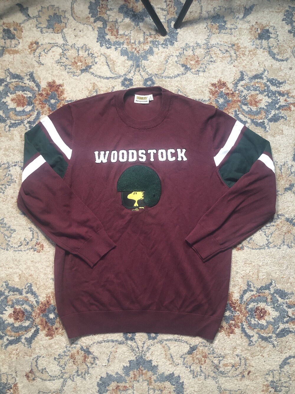 Aeropostale Peanuts Woodstock Sweater Women's Striped Sleeves Embroidered Large